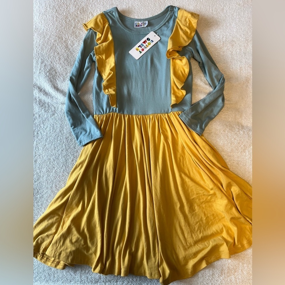 Dot Dot Smile twirl dress, blue/yellow. New with tags. Sz 8/10
